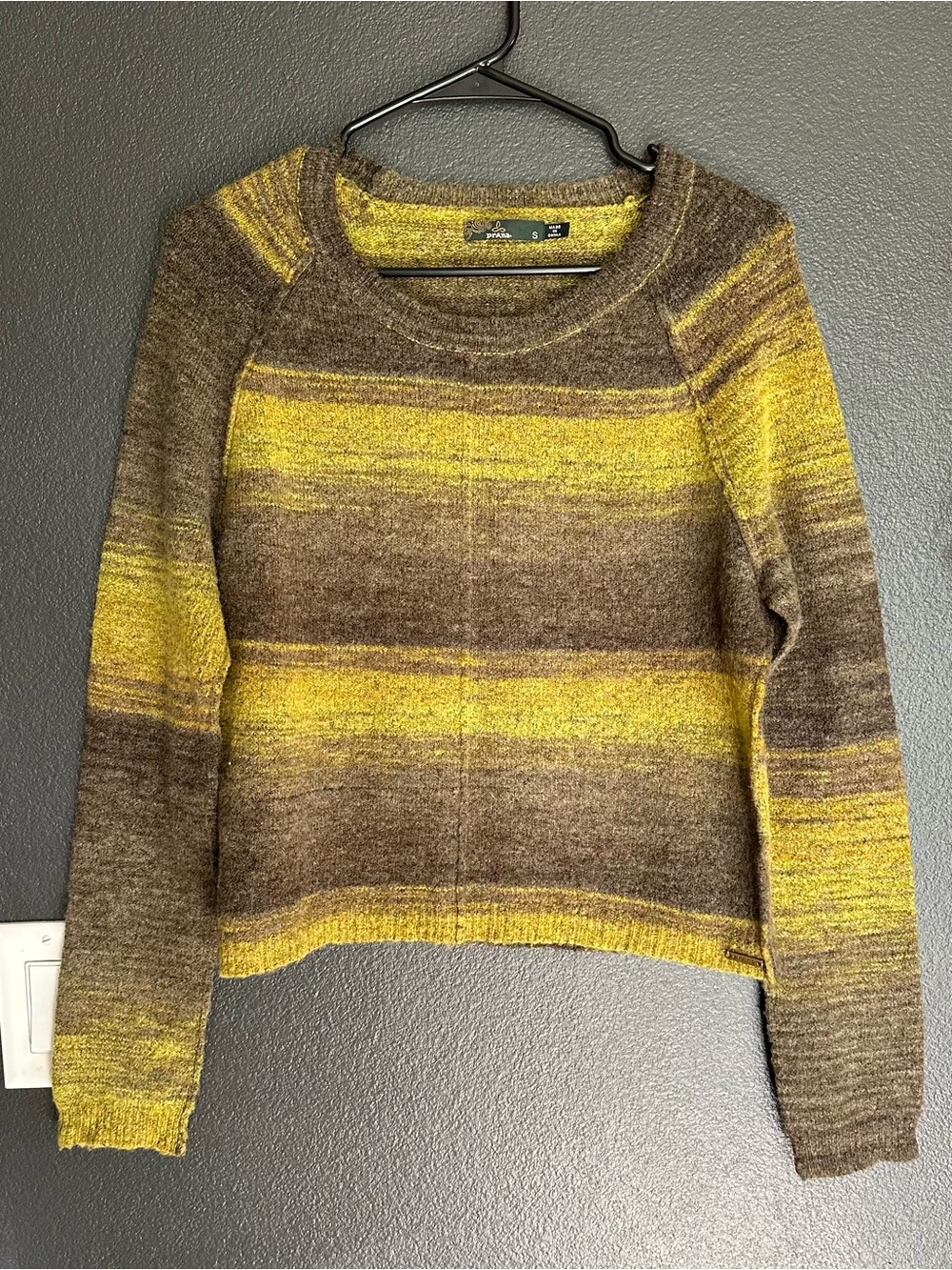 prAna Striped Wool Blend Knit Sweater Size Small Brown Mustard Yellow - Picture 2 of 6